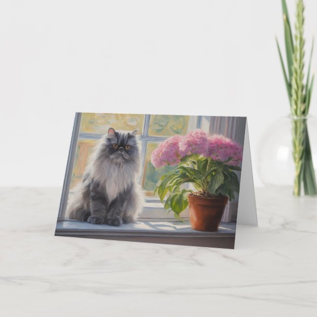 Cute Grått persian Cat with Rosa Blommar Plant Kort (Framsida)