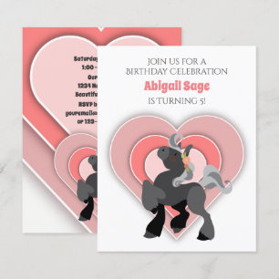 Cute Grått Pony och Rosa Hearts Horse Birthday Inbjudningar