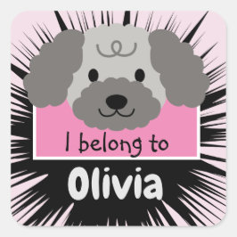 Cute Grått Pudel Buddy med Rosa Personlig Fyrkantigt Klistermärke