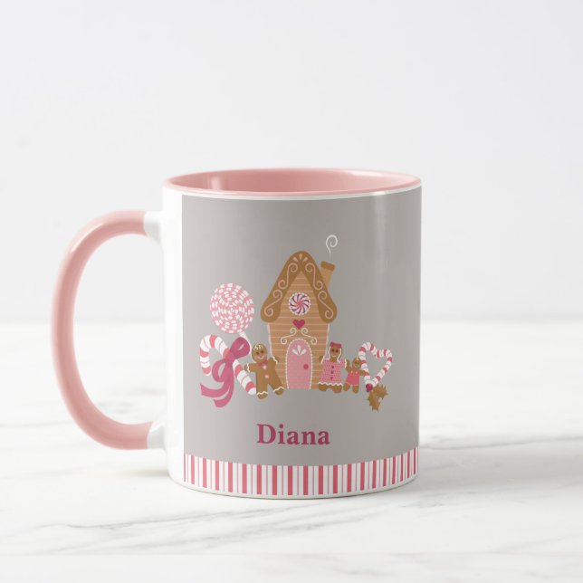 Cute Grått Rosa Candy cane Gingerbröd House Mugg (Vänster)