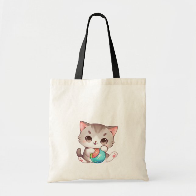Cute Grått Rosa Cat Play med Boll Tygkasse (Framsidan)