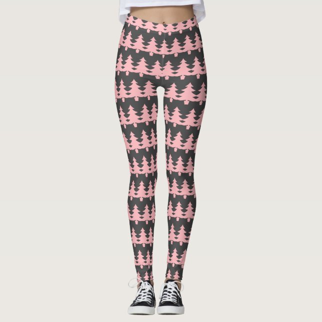 Cute Grått Rosa Julgranar Mönster Womens Leggings (Framsida)