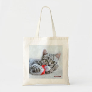 Cute Grått Tabby katt jul Hat Julafton Tygkasse