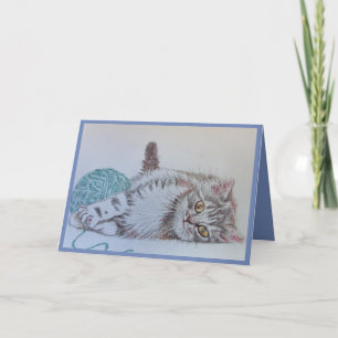 Cute Grått Tabby katt Kitten Art Blue Hälsning Car Kort