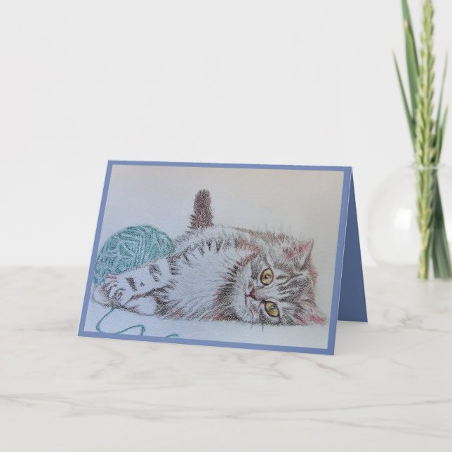 Cute Grått Tabby katt Kitten Art Blue Hälsning Car Kort (Framsida)