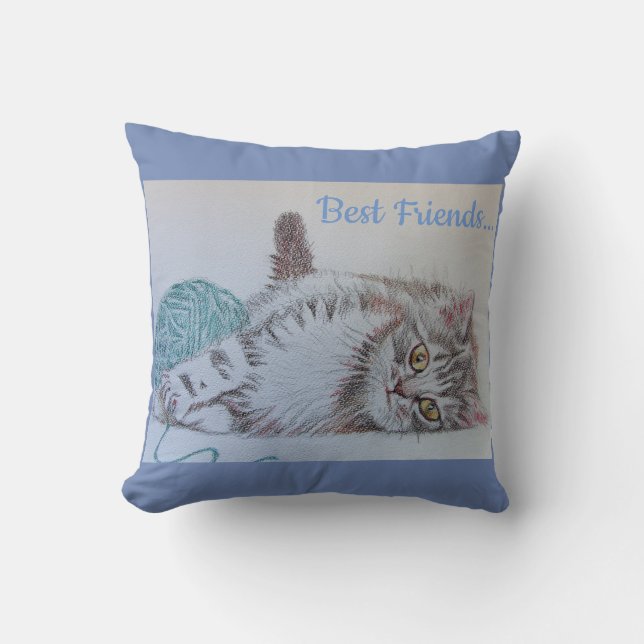 Cute Grått Tabby katt Kitten Best Friends Cushion Kudde (Framsida)
