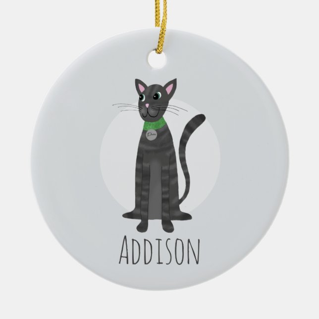 Cute Grått Tabby katt Tass avtryck Lycklig Helgdag Julgransprydnad Keramik (Framsidan)