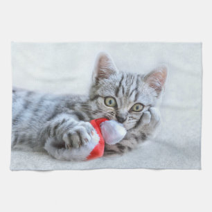 Cute Grått Tabby katt w/ jul Hat Julafton Kökshandduk