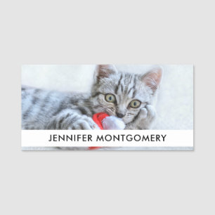 Cute Grått Tabby katt w/ jul Hat Julafton Namnbricka