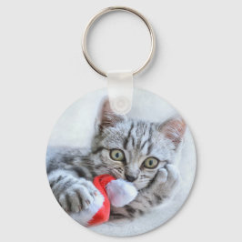 Cute Grått Tabby katt w/ jul Hat Julafton Nyckelring