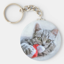 Cute Grått Tabby katt w/ jul Hat Julafton Nyckelring