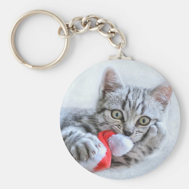Cute Grått Tabby katt w/ jul Hat Julafton Nyckelring (Framsidan)