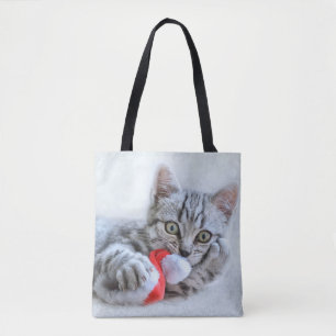 Cute Grått Tabby katt w/ jul Hat Julafton Tygkasse