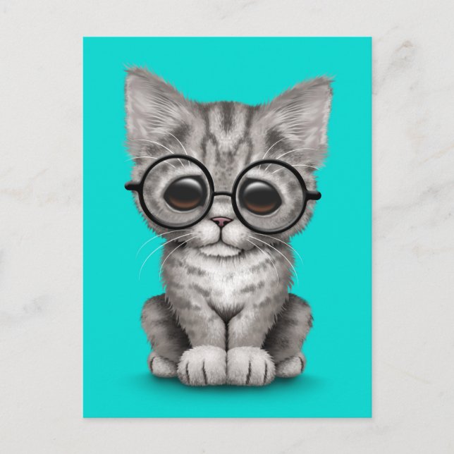 Cute Grått Tabby Kitten med Öga Glasblått Vykort (Framsida)