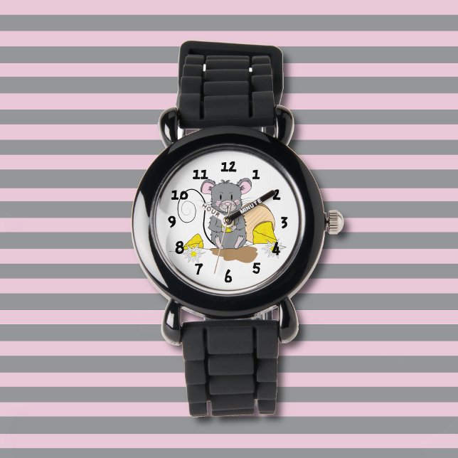 Cute Grått Tecknad Mouse Kid Watch Armbandsur (Cute kid watch with a gray mouse nibbing on some Swiss cheese .)