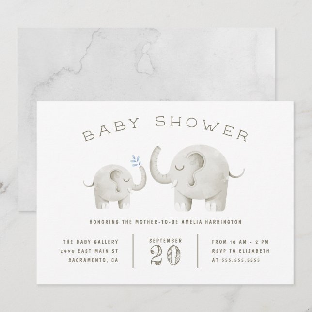 Cute Grått Watercolor Elephant Baby Shower Inbjudningar (Fram/baksida)