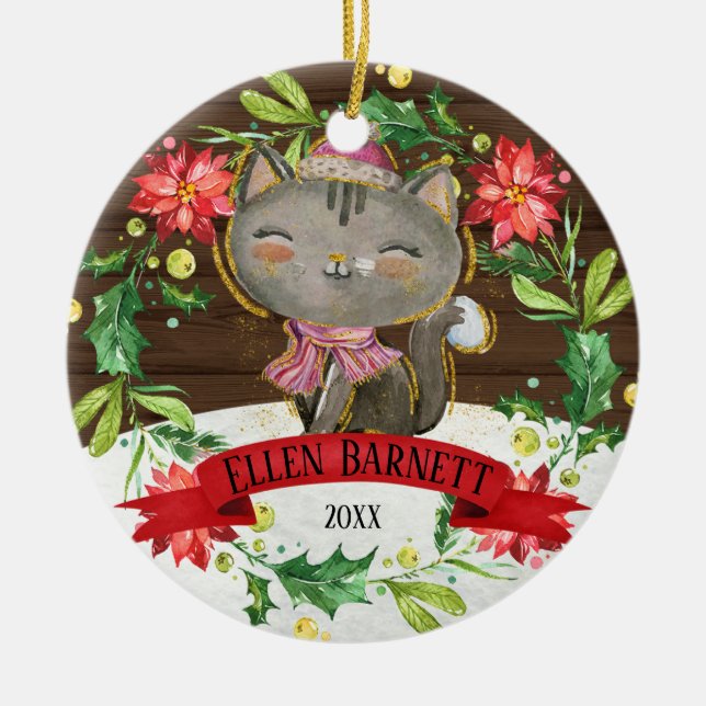Cute Grått Watercolor Kattjul Julgransprydnad Keramik (Framsidan)