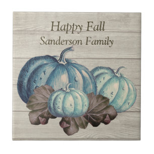 Cute Grått Wood Autumn Fall Blue Pumpkin Ceramic Kakelplatta