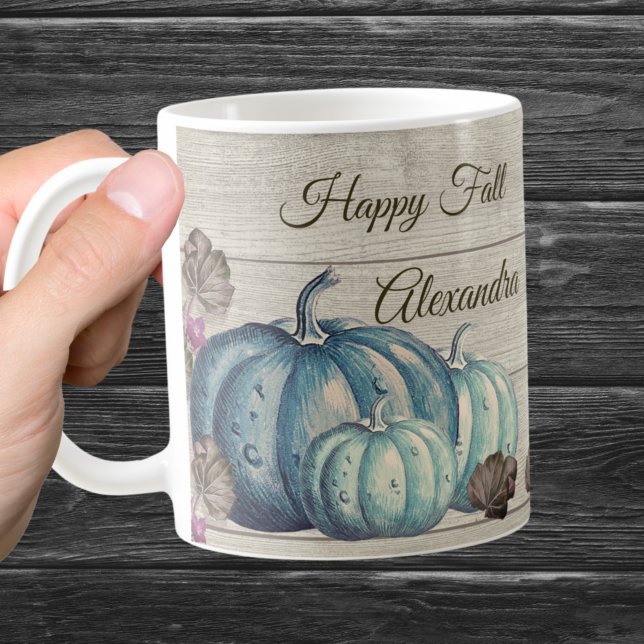 Cute Grått Wood Autumn Fall Blue Pumpkin Kaffemugg (Skapare uppladdad)