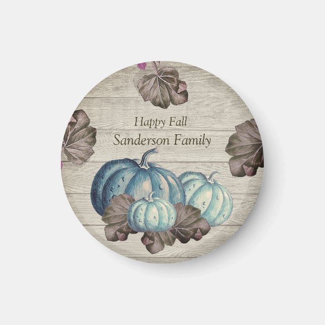 Cute Grått Wood Autumn Fall Blue Pumpkin Magnet (Framsidan)