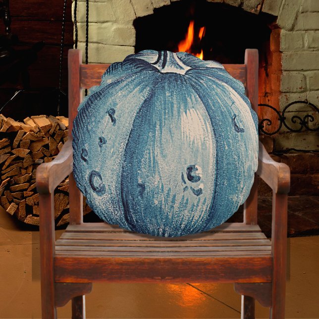 Cute Grått Wood Autumn Fall Blue Pumpkin Rund Kudde (Skapare uppladdad)