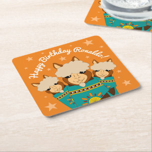Cute Grattis på födelsedagen Boy Alpacas i Teal Se Underlägg Papper Kvadrat