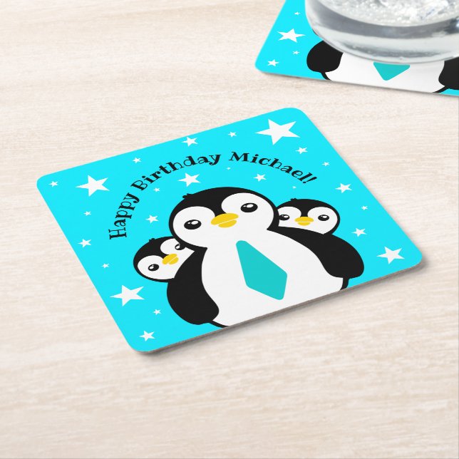 Cute Grattis på födelsedagen Boy Penguins Blue Nec Underlägg Papper Kvadrat (Vinklad)