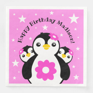 Cute Grattis på födelsedagen Girl Penguins Rosa Fl Pappersservett