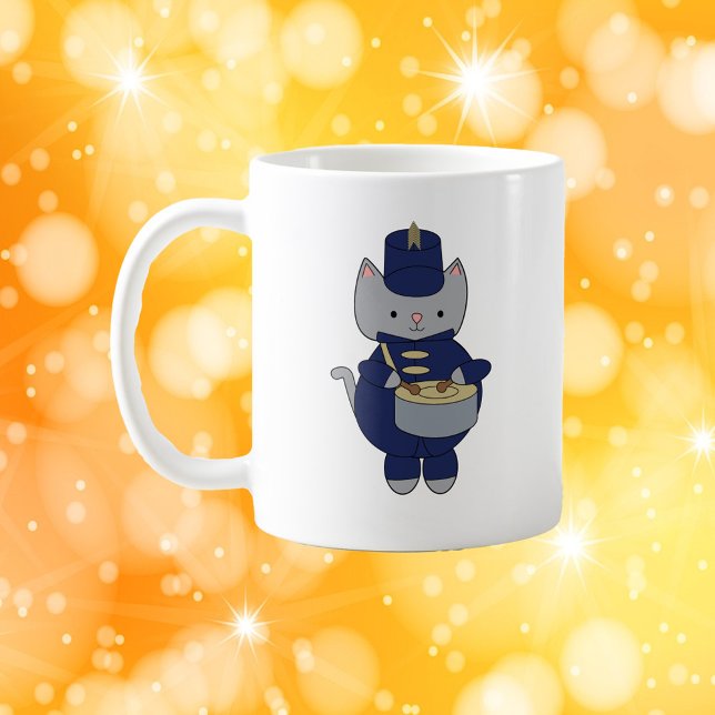Cute Gray Cat Drummer Blue Marching Band Uniform Kaffemugg (A mug with a gray cat playing the drums and wearing a navy blue and gold marching band uniform.)