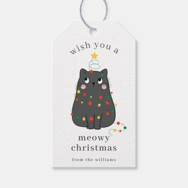 Cute Gray Cat Meowy Christmas Custom Holiday Presentetikett (Framsidan)
