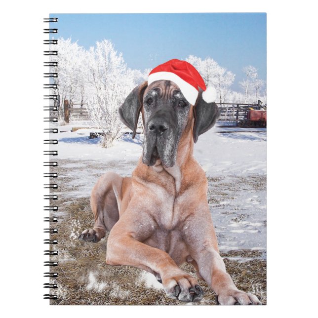 Cute Great dane Hund Sitta i Snö julhatt Anteckningsbok Med Spiral (Framsidan)