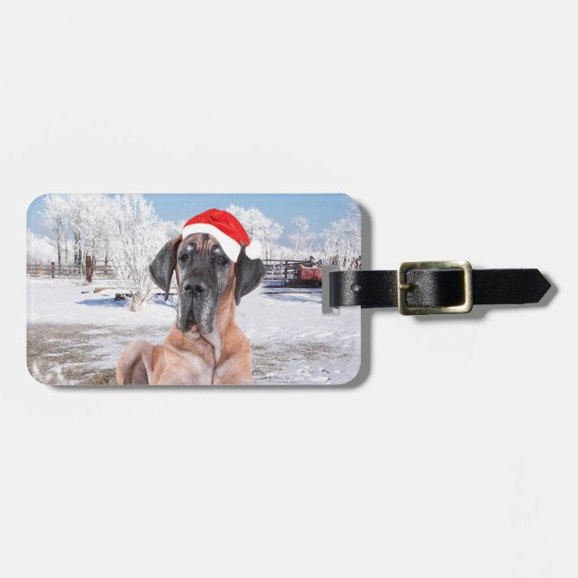 Cute Great dane Hund Sitta i Snö julhatt Bagagebricka (Horisontell Framsida)