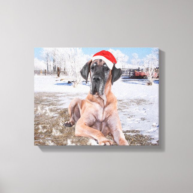 Cute Great dane Hund Sitta i Snö julhatt Canvastryck (Framsida)