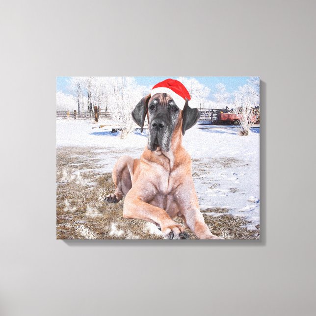 Cute Great dane Hund Sitta i Snö julhatt Canvastryck (Framsida)