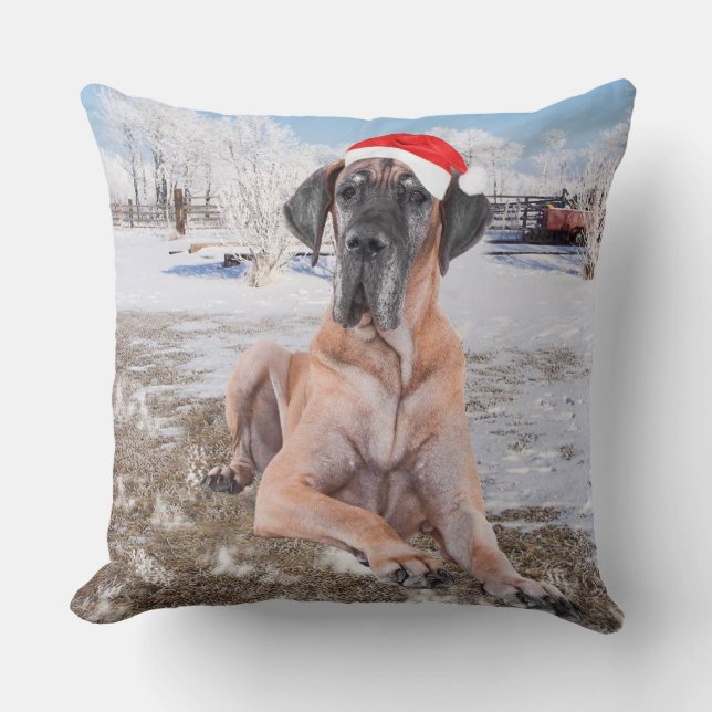 Cute Great dane Hund Sitta i Snö julhatt Kudde (Framsida)