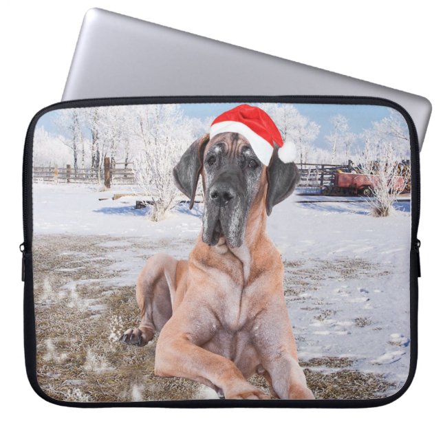 Cute Great dane Hund Sitta i Snö julhatt Laptop Fodral (Framsidan)
