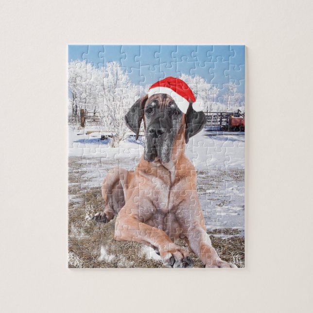 Cute Great dane Hund Sitta i Snö julhatt Pussel (Vertikal)