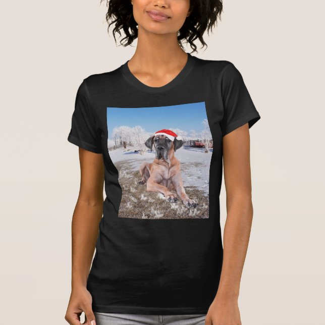Cute Great dane Hund Sitta i Snö julhatt T-shirt (Framsida)