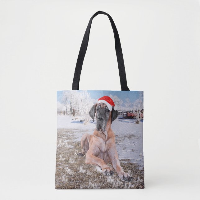 Cute Great dane Hund Sitta i Snö julhatt Tygkasse (Framsida)