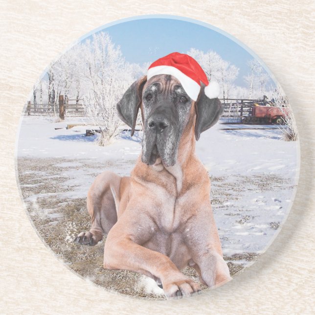 Cute Great dane Hund Sitta i Snö julhatt Underlägg Sandsten (Framsidan)