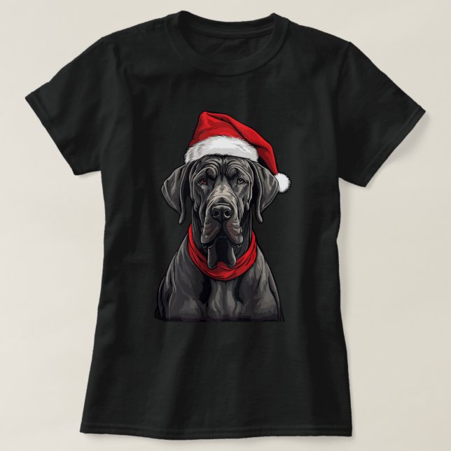 Cute Great dane jul, Ljus Santa Hat xmass P T Shirt (Design framsida)