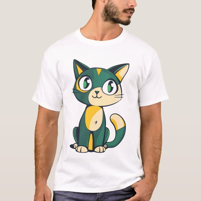 Cute Green and Yellow Cartoon Cat Illustration T Shirt (Framsida)