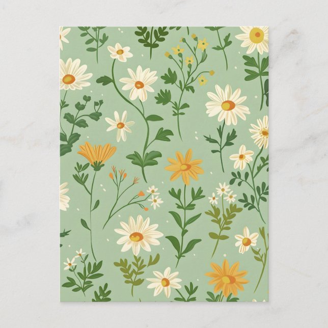 Cute Green Botanical Flowers Floral Card. Vykort (Framsida)