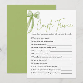 Cute Green Bow Couple Trivia Bridal Shower Game Inbjudningar