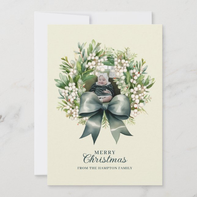Cute Green Bow Wreath Photo Christmas Julkort (Framsida)