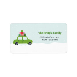 Cute Green Car with Christmas Gifts in Aqua Blue Adressetikett