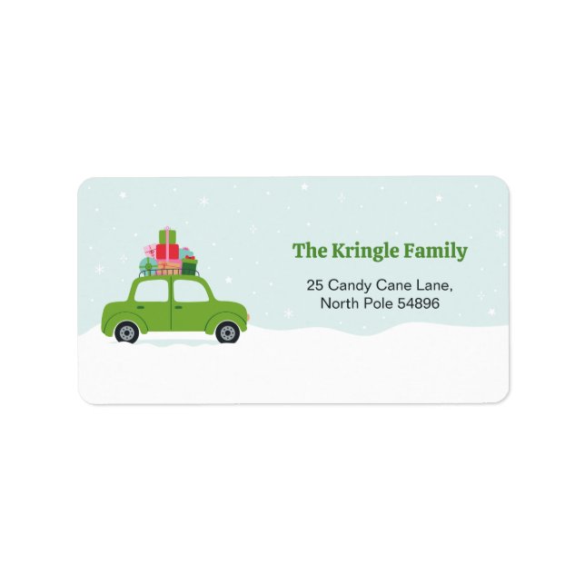 Cute Green Car with Christmas Gifts in Aqua Blue Adressetikett (Framsidan)