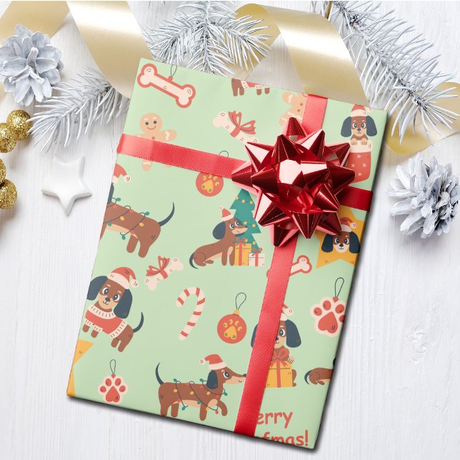 Cute Green Christmas Dachshund Merry Woofmas Presentpapper (Cute festive Dachshund wrapping paper in green, perfect for Dachshund dog lovers and the pups too!)