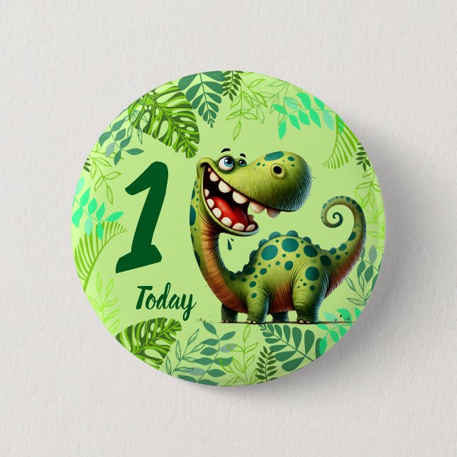 Cute Green Dinosaur 1st Birthday Knapp (Framsida)