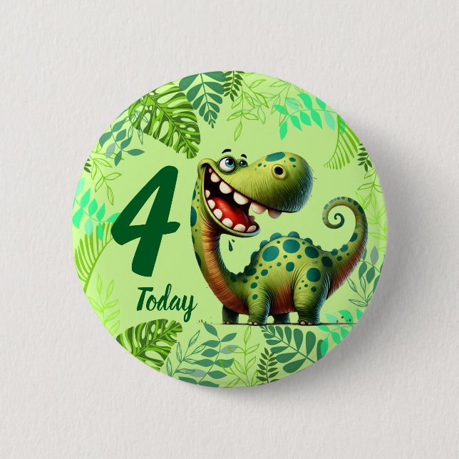 Cute Green Dinosaur 4th Birthday Knapp (Framsida)